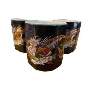 3 Vintage Black & Gold Octagon Japanese Bird Tea Cups Shaddy Mino China JGI